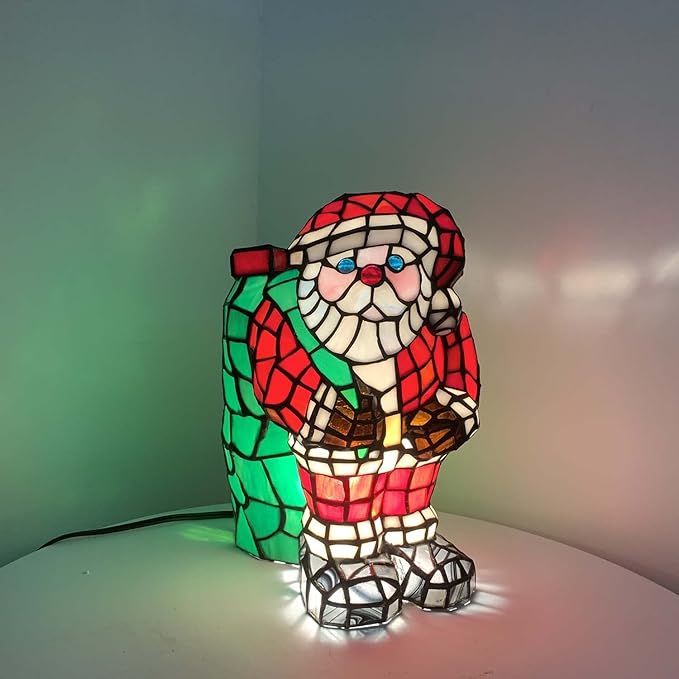 Bieye L10830 Christmas Santa Claus Table Lamp LED Bulb Included Tiffany Style Stained Glass Night Light for Home Décor (7.75" L x 9.25" D x 13" H) - LeafyLoom