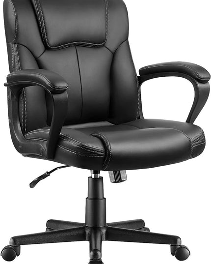 Executive Office Chair Swivel Task Seat with Ergonomic Mid-Back, Waist Support, PU Leather, Black - LeafyLoom