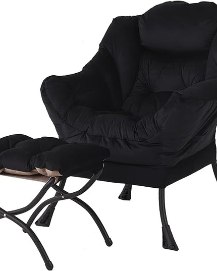 Welnow Lazy Chair with Ottoman, Modern Lounge Accent Chair with Armrests and a Side Pocket, Leisure Upholstered Sofa Chair Set, Reading Chair with Footrest for Small Space, Corner Chair, Black - LeafyLoom