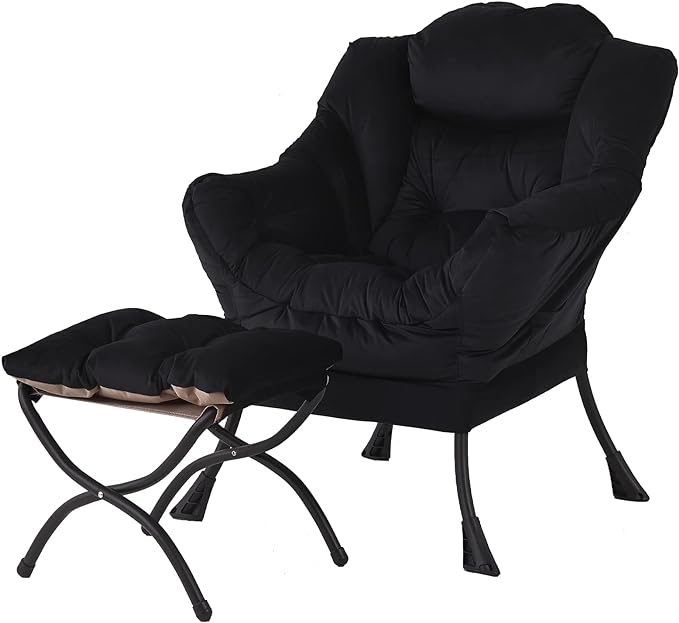 Welnow Lazy Chair with Ottoman, Modern Lounge Accent Chair with Armrests and a Side Pocket, Leisure Upholstered Sofa Chair Set, Reading Chair with Footrest for Small Space, Corner Chair, Black - LeafyLoom