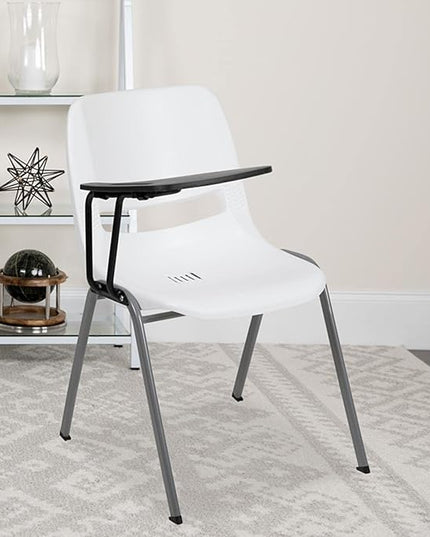 Flash Furniture HERCULES White Ergonomic Shell Chair with Right Handed Flip-Up Tablet Arm - LeafyLoom