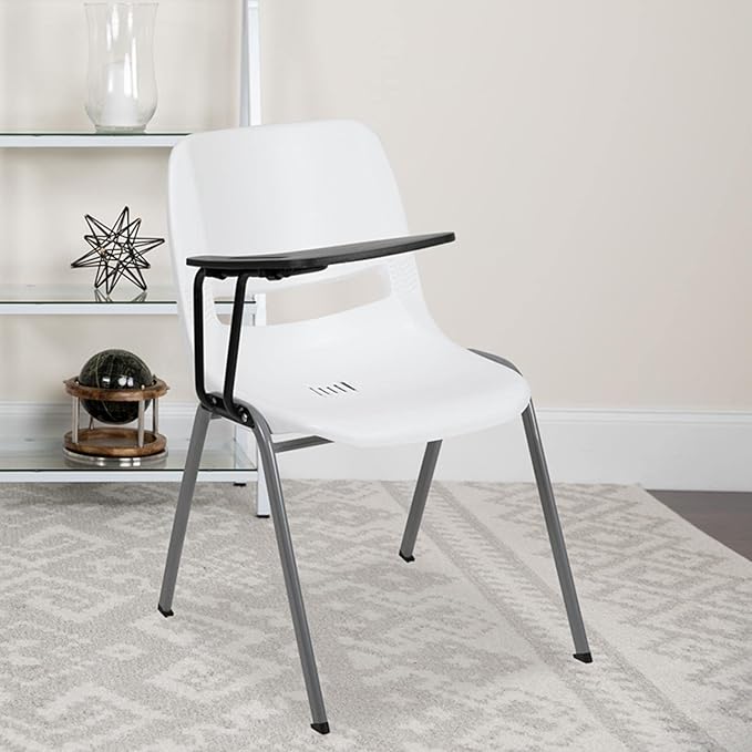 Flash Furniture HERCULES White Ergonomic Shell Chair with Right Handed Flip-Up Tablet Arm - LeafyLoom
