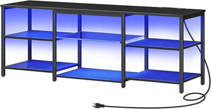 HOOBRO LED TV Stand for 65 Inch TVs with Charging Station, Gaming Entertainment Center with 3-Tier Open Storage, Long Media TV Console Table, TV Stand for Living Room, Bedroom, Black BB20UDDS01 - LeafyLoom