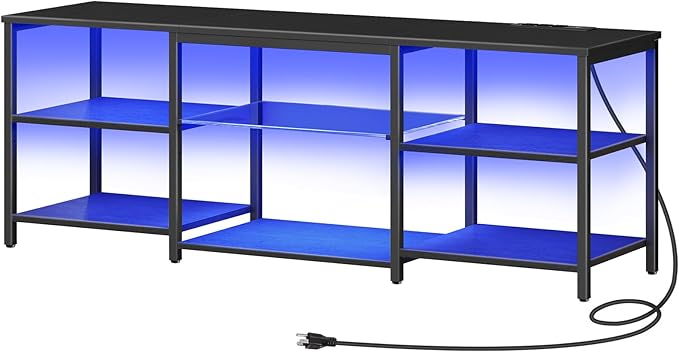 HOOBRO LED TV Stand for 65 Inch TVs with Charging Station, Gaming Entertainment Center with 3-Tier Open Storage, Long Media TV Console Table, TV Stand for Living Room, Bedroom, Black BB20UDDS01 - LeafyLoom