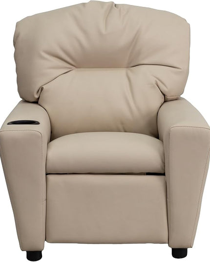 Flash Furniture Chandler Vinyl Kids Recliner with Cup Holder and Safety Recline, Contemporary Reclining Chair for Kids, Supports up to 90 lbs., Beige - LeafyLoom