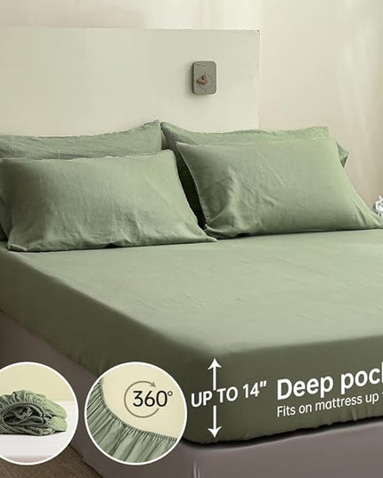 Simple&Opulence 100% Linen Sheet Set Solid Color- 6 Pcs Washed French Flax Bed Sheets (1 Flat Sheet, 1 Fitted Sheet, 4 Pillowcases) - Breathable Home Collection (Basic Sage Green, Queen) - LeafyLoom