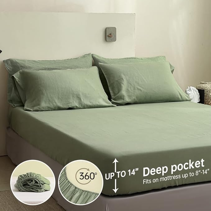 Simple&Opulence 100% Linen Sheet Set Solid Color- 6 Pcs Washed French Flax Bed Sheets (1 Flat Sheet, 1 Fitted Sheet, 4 Pillowcases) - Breathable Home Collection (Basic Sage Green, Queen) - LeafyLoom