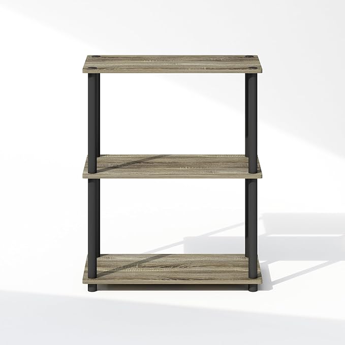 Furinno Turn-N-Tube 3-Tier Multipurpose Compact Display Rack, Shelving Unit, Bookcase, French Oak/Black - LeafyLoom