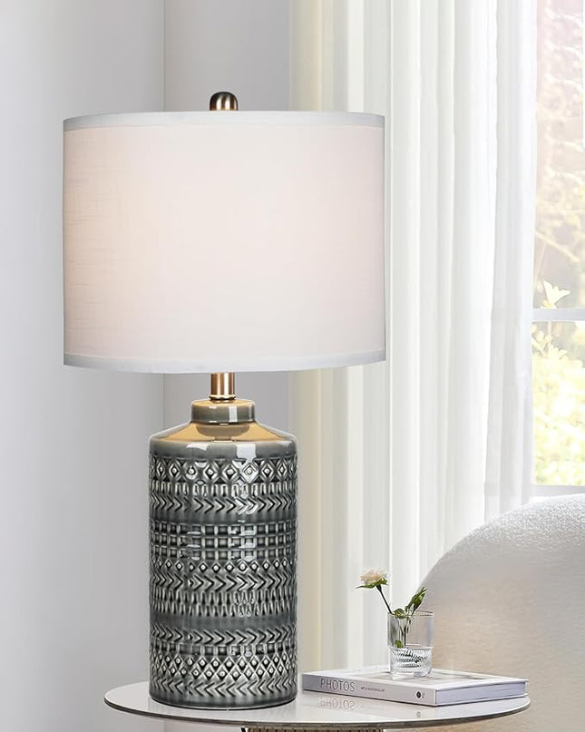 Modern Ceramic Table Lamp, 24.5" Living Room Lamps 3-Way Dimmable Gray Nightstand Lamp with White Shade|Tall Bedside Lamp Desk Decor Lamps for Bedrooms Farmhouse Office End Table Lamps(Bulb Included) - LeafyLoom