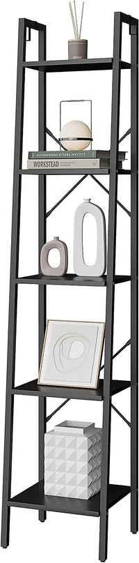 Ladder Shelf, Bookshelf Bookcase, Freestanding Corner Storage Shelve with 2 Hooks for Home Office, Living Room, Kitchen, Bedroom, Industrial, 5-Tier Black BC03204B - LeafyLoom