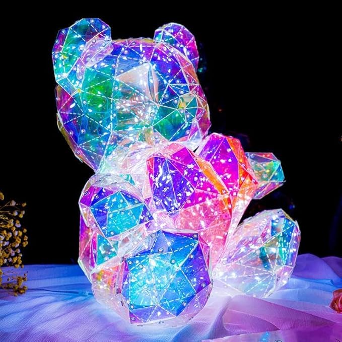 Gorgeous Shining LED Teddy Bear Holding a Pink Heart, Forever Gifts for Her Valentine's Day Anniversary and Birthday 10 inch Mood Lighting Galaxy Lamp - w/Clear Gift Box - LeafyLoom