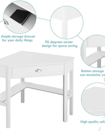 Nightcore Small, Wood Computer Desk, Compact Writing w/Drawer & Storage Shelves, Space Saving Study Workstation, Laptop PC Corner Table, White - LeafyLoom