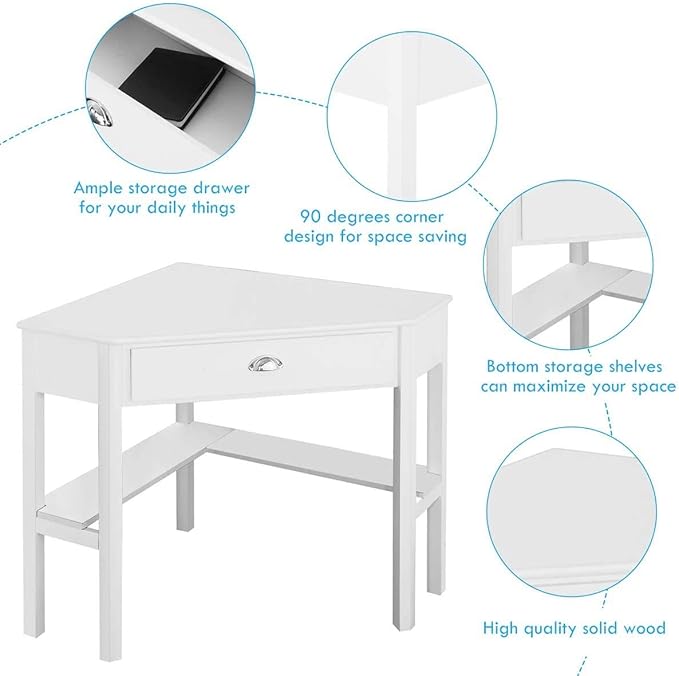 Nightcore Small, Wood Computer Desk, Compact Writing w/Drawer & Storage Shelves, Space Saving Study Workstation, Laptop PC Corner Table, White - LeafyLoom