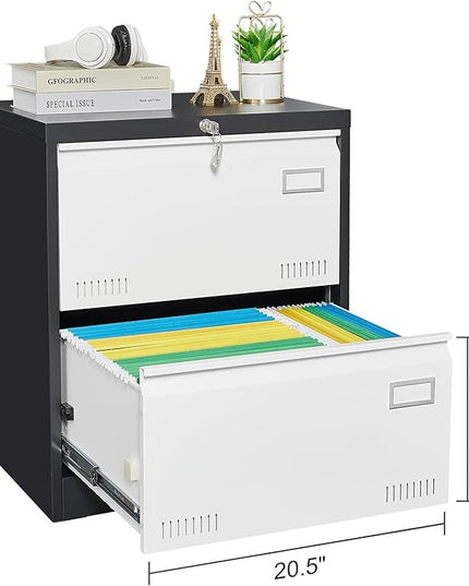 2 Drawer Metal Lateral Lock and Card Holder,Office Vertical Files Storage Cabinets w/Heavy 3 Section Slide Rail & Breathable Holes,for Legal/Letter/A4,Black+White - LeafyLoom