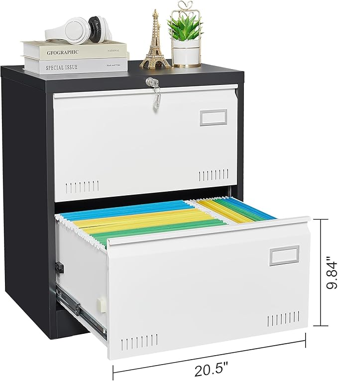 2 Drawer Metal Lateral Lock and Card Holder,Office Vertical Files Storage Cabinets w/Heavy 3 Section Slide Rail & Breathable Holes,for Legal/Letter/A4,Black+White - LeafyLoom