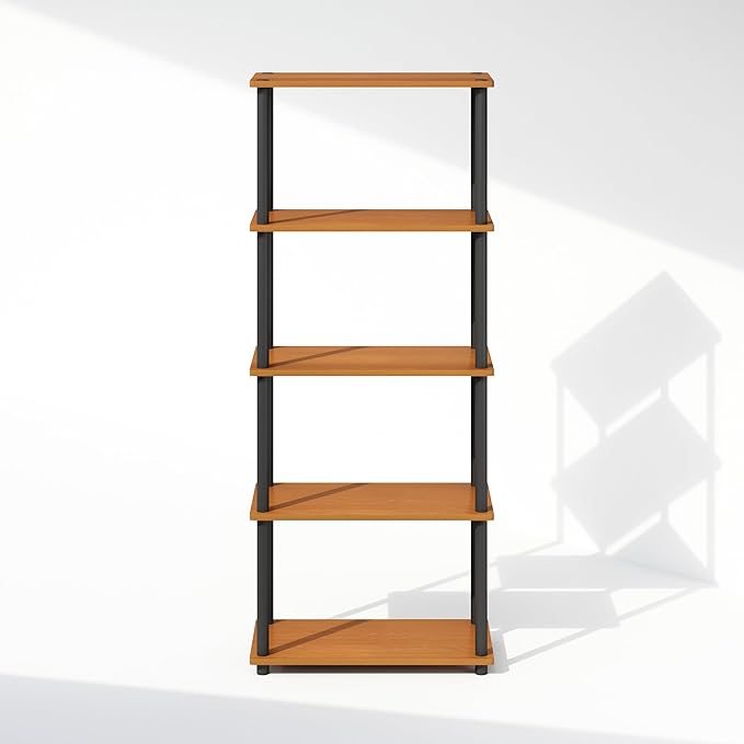 Furinno Turn-N-Tube 5-Tier Multipurpose Compact Display Rack, Shelving Unit, Bookcase, Light Cherry/Black - LeafyLoom