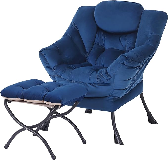 Lazy Chair with Ottoman, Modern Accent Chair Contemporary Lounge Leisure Upholstered Sofa Chair Set with Armrests, Reading Chair for Living Room, Bedroom, Office, Royal Blue - LeafyLoom