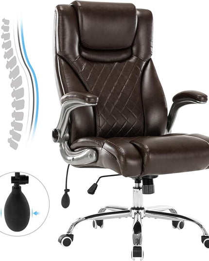 Executive Office Chair Desk Swivel Chair High Back Computer Chair - Adjustable Lumbar Support with Flip-Up Arms PU Leather Chair with Spring Cushion (Brown) - LeafyLoom