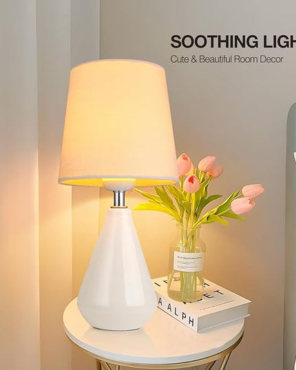 AIDENOEY Small Bedside Table Lamp for Bedroom - Desk Reading Lamps with 3 Way DimmableTouch Control,Nightstand Ceramic Lamp with Fabric Shade for Kids Room,Living Room,Dorm,Home Office (White) - LeafyLoom