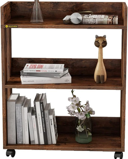 3 Tier Nightstand with Wheels, Wood Small Bookshelf and Bookcase, Farmhouse Bedside End Table with Storage Rack for Bedroom, Library, Living Room, Home, Office Cart, Rustic - LeafyLoom