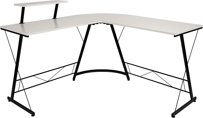Flash Furniture Ginny Corner Desk - White/Black Space Saving L-Shaped Gaming Desk with Monitor Shelf - 71.5" 2-Tier Computer Desk, Home Office Desk, Easy Assembly - LeafyLoom