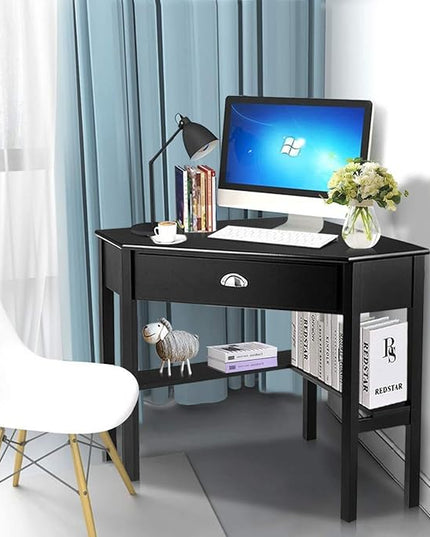 Nightcore Small, Wood Computer Desk, Compact Writing w/Drawer & Storage Shelves, Space Saving Study Workstation, Laptop PC Corner Table, Black - LeafyLoom