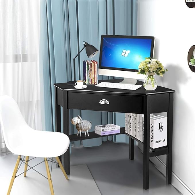 Nightcore Small, Wood Computer Desk, Compact Writing w/Drawer & Storage Shelves, Space Saving Study Workstation, Laptop PC Corner Table, Black - LeafyLoom