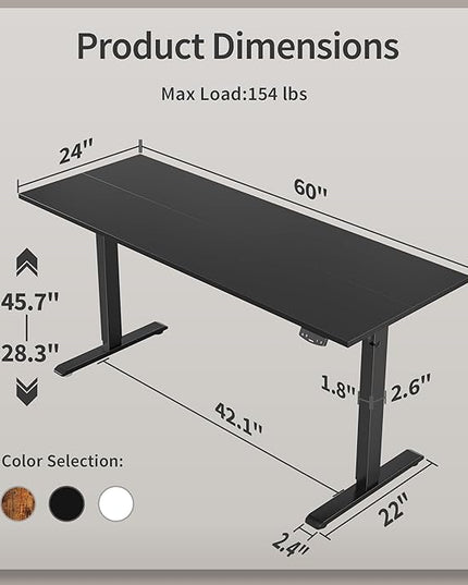 Electric Standing Desk, Large 60 x 24 Inches Height Adjustable Desk, Sit Stand up Desk for Work Office Home, Ergonomic Rising Gaming Computer Table with Memory Preset, Black - LeafyLoom