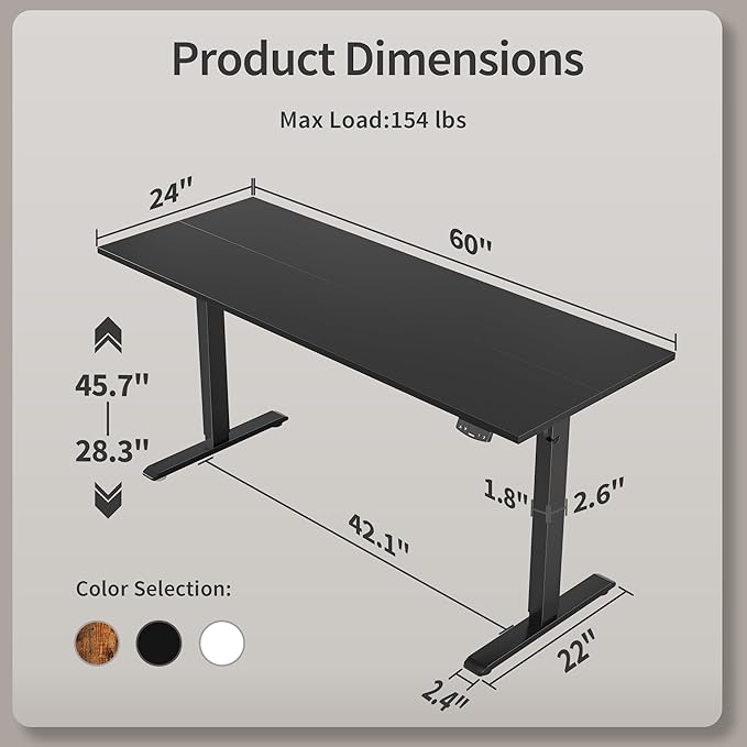 Electric Standing Desk, Large 60 x 24 Inches Height Adjustable Desk, Sit Stand up Desk for Work Office Home, Ergonomic Rising Gaming Computer Table with Memory Preset, Black - LeafyLoom