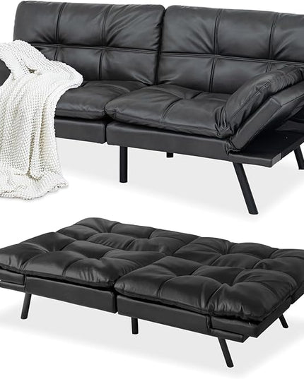 MUUEGM Futon Sofa Bed,Convertible Adjustable Backrest Armrests Memory Foam Couch Bed, Modern Faux Leather Futon Sleeper Couch Loveseat for Living Room,office,Apartment,Small Space,Matte Black - LeafyLoom