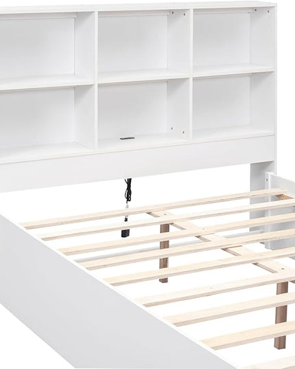 Full Size Platform Bed with Storage Headboard Bookcase, 2 Drawers Underneath and Charging Station, for Bedroom/Guest Room, White - LeafyLoom