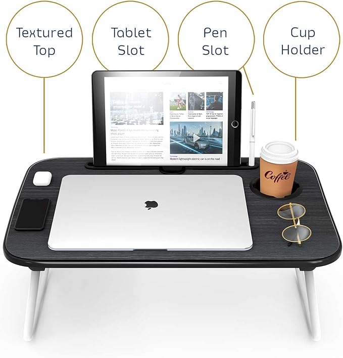 Clara Clark Reading Pillow with Portable Lap Desk Set for Kids, Back Pillow for Sitting Up in Bed, Memory Foam Back Support Pillow, Bed Rest Pillow with Foldable Laptop Desk, Small - Black - LeafyLoom