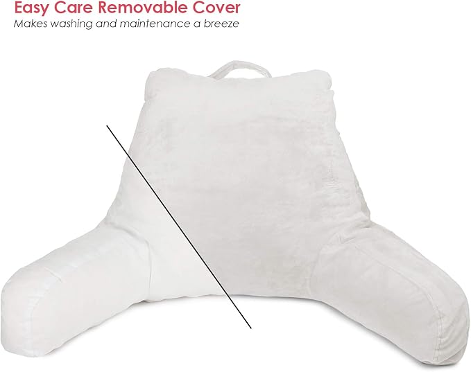 Clara Clark Reading Pillow for Kids, Small Back Pillow for Sitting Up in Bed, Memory Foam Back Support Pillow, Reading Pillows for Sitting in Bed, White Gaming Pillow for Bed with Arms and Pockets - LeafyLoom