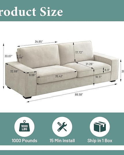 EASELAND Sofa Couch, 88" Chenille Loveseat for Living Room, 3 Seater Lounge Sofa for Bedroom with Removable Back and Seat Cushions, Modern Deep Seat Comfy Couch with Solid Wood Legs and Armrest(Beige) - LeafyLoom