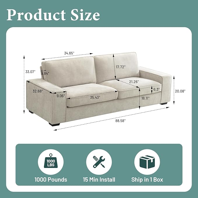 EASELAND Sofa Couch, 88" Chenille Loveseat for Living Room, 3 Seater Lounge Sofa for Bedroom with Removable Back and Seat Cushions, Modern Deep Seat Comfy Couch with Solid Wood Legs and Armrest(Beige) - LeafyLoom
