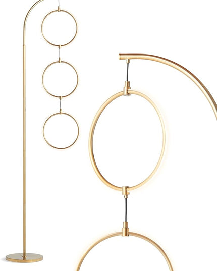 Brightech Nova Modern Floor Lamp - Contemporary Arc Tall Lamp with 3-Circle Ring-Style Pendant - Over the Couch Standing Lamp on Arching Pole - Eclectic Tall Lamp Matches Living Room Décor - Gold - LeafyLoom