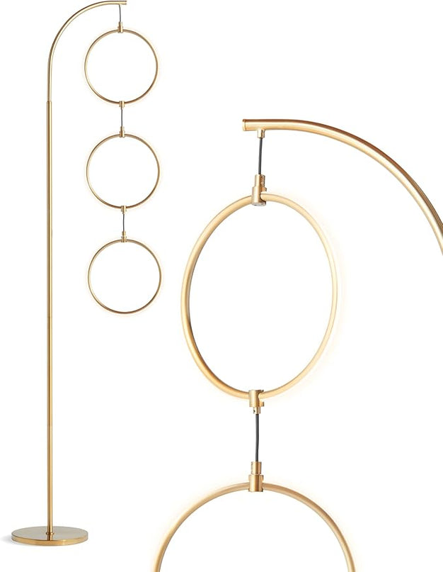 Brightech Nova Modern Floor Lamp - Contemporary Arc Tall Lamp with 3-Circle Ring-Style Pendant - Over the Couch Standing Lamp on Arching Pole - Eclectic Tall Lamp Matches Living Room Décor - Gold - LeafyLoom