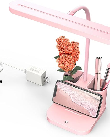 AXX Pink Desk Lamp for Home Office, Cute Desk Lamps for Bedrooms, Kawaii, Dimmable LED, Flexible Gooseneck, Pen Holder, Touch Control, Room College Dorm Essentials for Teen Girls Kids - LeafyLoom