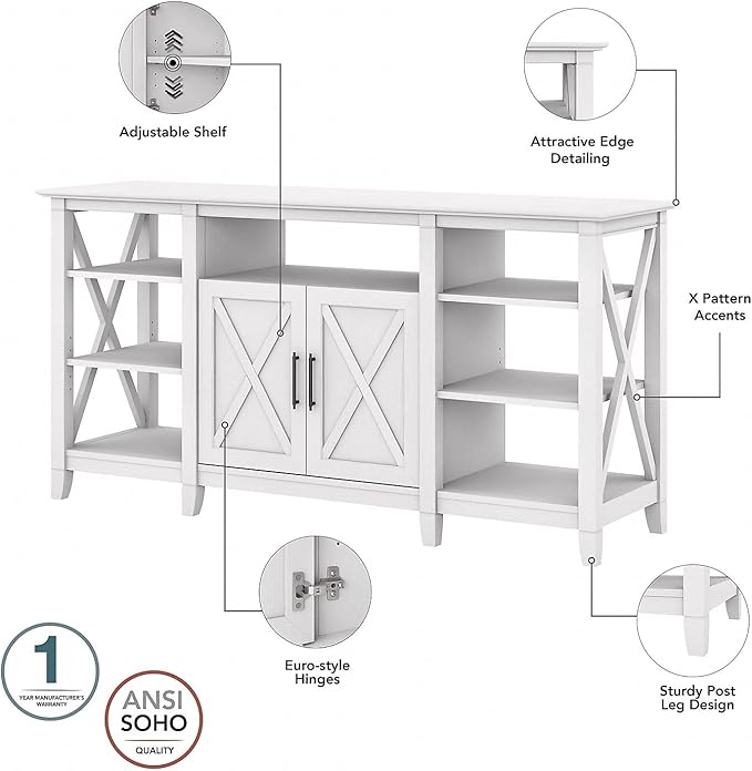 Bush Furniture Key West Tall TV Stand for 65 Inch TV in Pure White Oak, Farmhouse Entertainment Center with Storage - LeafyLoom