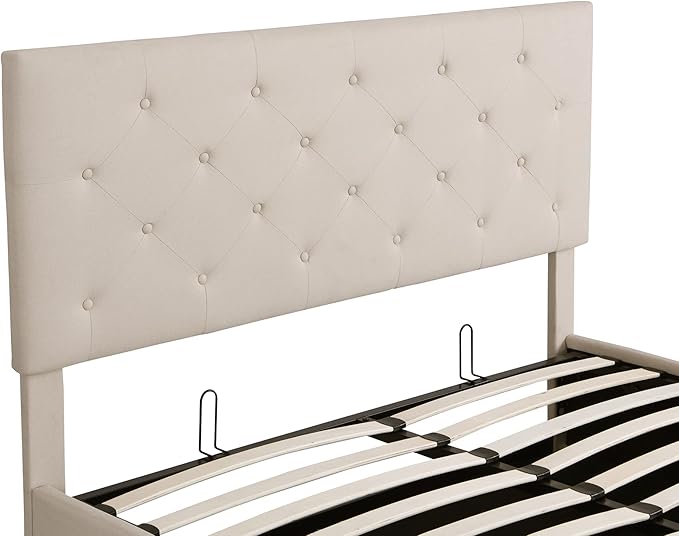 Queen Upholstered Platform Hydraulic System, Lift Up Storage Bed Full Size with Headboard and Button Tufted, Wooden Bedframe for Teens Adults, Beige - LeafyLoom