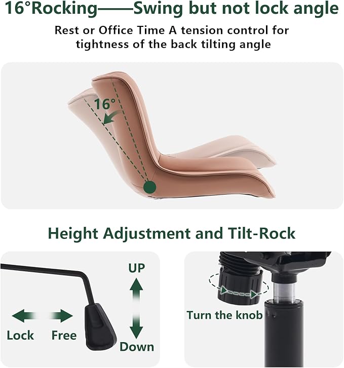 YOUTASTE Office Chair Pink Armless Desk Chair with Wheels, Modern Faux Leather Padded Computer Task Chair, Adjustable Swivel Rolling Sewing Vanity Chair with Ergonomic Rocking Back, Nude Pink - LeafyLoom