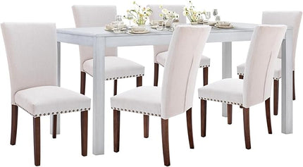 COLAMY 7-Piece Dining Table Set for 6, 60" Kitchen Wood Table with 6 Nailhead Dining Room Chairs, White/Beige - LeafyLoom