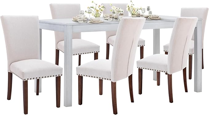 COLAMY 7-Piece Dining Table Set for 6, 60" Kitchen Wood Table with 6 Nailhead Dining Room Chairs, White/Beige - LeafyLoom