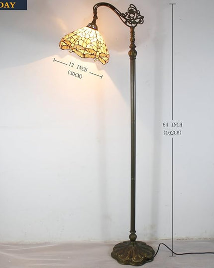 WERFACTORY Tiffany Floor Lamp Cream Stained Glass Dragonfly Arched Lamp 12X18X64 Inches Gooseneck Adjustable Corner Standing Reading Light Decor Bedroom Living Room S139 Series - LeafyLoom