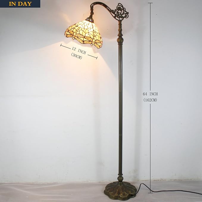 WERFACTORY Tiffany Floor Lamp Cream Stained Glass Dragonfly Arched Lamp 12X18X64 Inches Gooseneck Adjustable Corner Standing Reading Light Decor Bedroom Living Room S139 Series - LeafyLoom
