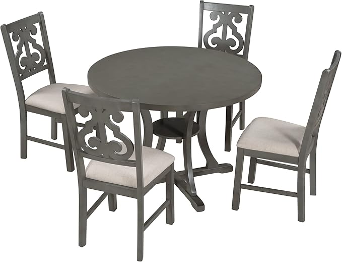 Kitchen 5-Piece Round Table Set with Special-shaped Legs and an Exquisitely Designed Hollow Chair Back for Dining Room, Gray - LeafyLoom