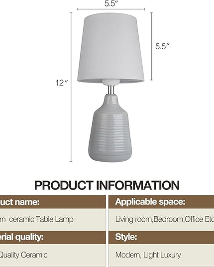 AIDENOEY Small Table Lamp for Bedroom -Bedside Desk Reading Lamps with 3 Way DimmableTouch Control,Nightstand Ceramic Lamp with Fabric Shade for Kids Room,Living Room,Dorm,Home Office (Light Grey) - LeafyLoom