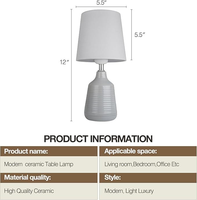 AIDENOEY Small Table Lamp for Bedroom -Bedside Desk Reading Lamps with 3 Way DimmableTouch Control,Nightstand Ceramic Lamp with Fabric Shade for Kids Room,Living Room,Dorm,Home Office (Light Grey) - LeafyLoom