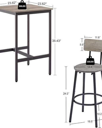 Dining Table Set for 2, Sqaure Bar Table and Chairs Set with PU Soft Seat and Backrest, Kitchen Table and Chairs for Small Spaces, Kitchen and Bar, Rustic Grey - LeafyLoom
