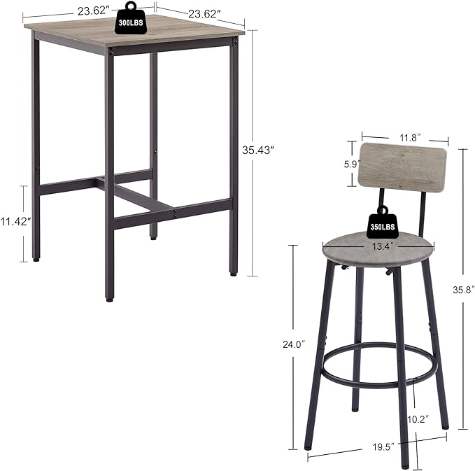 Dining Table Set for 2, Sqaure Bar Table and Chairs Set with PU Soft Seat and Backrest, Kitchen Table and Chairs for Small Spaces, Kitchen and Bar, Rustic Grey - LeafyLoom